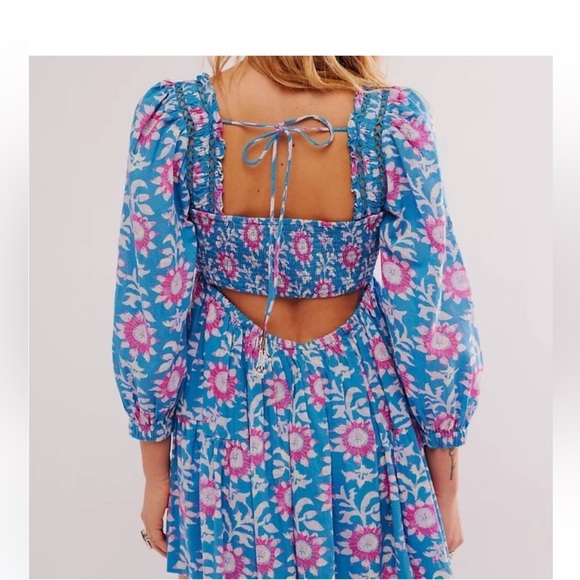 Free People Sacha Mini Babydoll Dress Floral 3/4 Sleeve Beaded Back Tie Women L - Picture 2 of 8